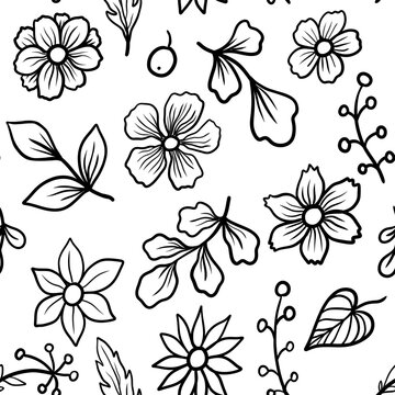 seamless floral pattern black and white coloring digital illustration print 