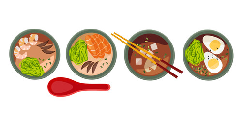 Japan food. Miso soup set. Soap with Miso pasta and other different ingredients. Asian bowls. Color Flat vector top view illustration. Japanese food, healthy eating, cooking, menu. Various miso soup