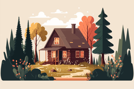 wood cabin. Wooden house in the forest. Vector illustration