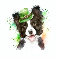 Watercolor portrait of smiling border collie puppy dog in green leprechaun hat for St. Patrick’s Day.  Generative AI. - obrazy, fototapety, plakaty