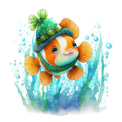 Smiling St. Patrick’s Clownfish in a green leprechaun hat. Watercolor cartoon. Generative AI. - obrazy, fototapety, plakaty