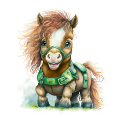 Smiling St. Patrick’s baby horse in a green harness. Watercolor cartoon. Generative AI.