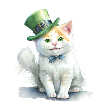 St. Patrick&rsquo;s smiling white kitten in a green leprechaun hat and a bowtie. Watercolor cartoon. Generative AI.