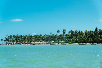 vista de una playa con muchas palmeras vista desde dentro del mar, con barcos y agua azul