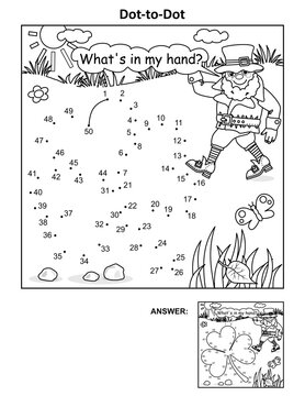 St. Patrick's Day themed connect the dots picture puzzle and coloring page with clover leaf and leprechaun. Answer included.
