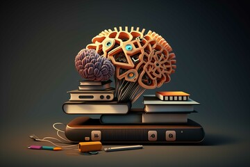Concept of education and success. Online education, new idea. Collage with a brain, gears, book. Generative Ai technology.