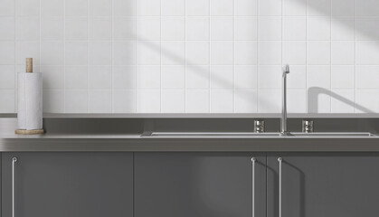 Gray kitchen counter, clean space cabinet countertop, double bowl stainless sink with square white tile splash back wall in sunlight from window for home interior design, cooking product background 3D