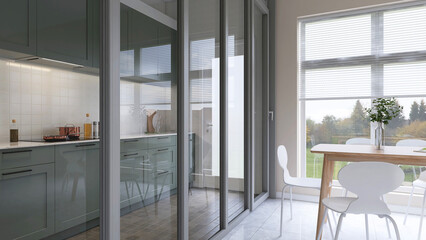 Modern design glass door wall panel between kitchen and sage green cabinet, cupboard and dining room and wooden table, chair by window to garden for interior design decoration, product background 3D