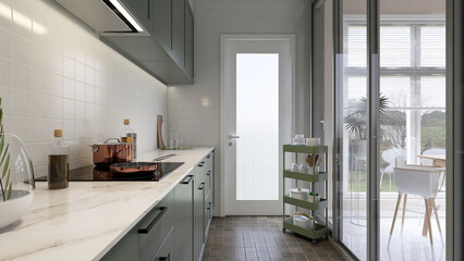 Modern design kitchen with sage green cabinet, marble counter top, cupboard, square white tile...