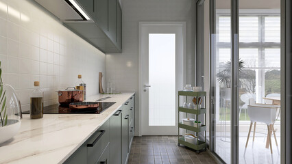 Modern design kitchen with sage green cabinet, marble counter top, cupboard, square white tile splashback wall, glass sliding door to dining room by garden for interior design cooking background 3D