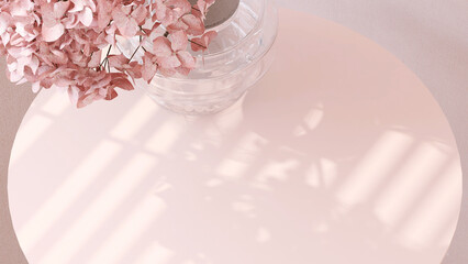 Pastel pink side table podium, hydrangea flower bouquet in modern design glass vase in sunlight on...