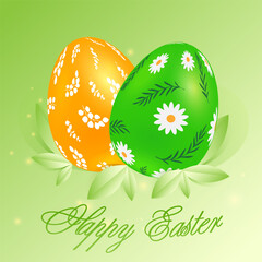 Green and yellow Easter eggs with floral designs vector