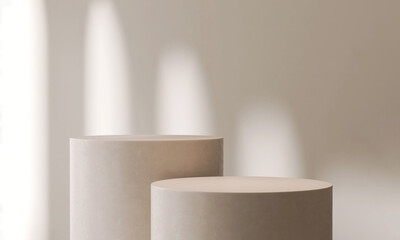 Two matte round, cylinder brown clay podium in different level in arch sunlight, shadow from window...
