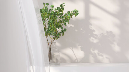 Blank glossy white counter table, tree leaf bouquet in glass vase, blowing soft sheer curtain in sunlight, shadow on wall for luxury organic cosmetic, skincare, beauty treatment product display 3D