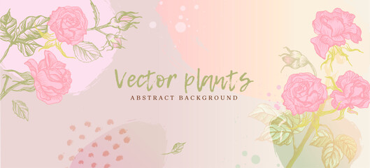 Obraz na płótnie Canvas Wallpaper in botanical style, freehand drawing. Vector. rose flowers leaves, organic shapes, watercolor. Vector background for banner, poster, web and packaging.