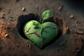 Leaf are planted on the ground in heart shape. Natural green backgrounds, the concept of plant growth, earth day and environmental protection. Generative ai