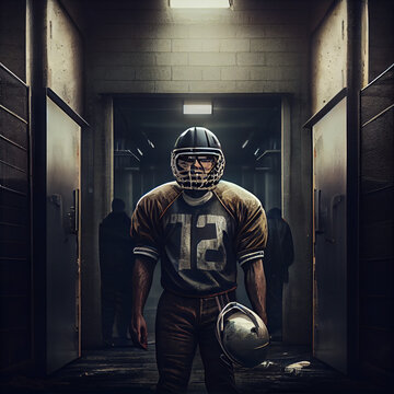 american football player in locker room, looking at camera