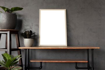 Square wooden frame with transparent  PNG file and  vintage wooden table and modern with tree in pots and wall loft gray color backgroubd