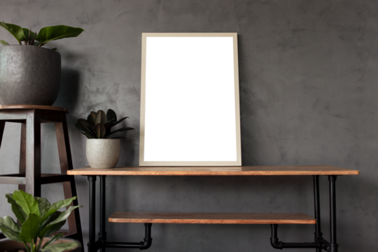 Square wooden frame with transparent  PNG file and  vintage wooden table and modern with tree in pots and wall loft gray color backgroubd