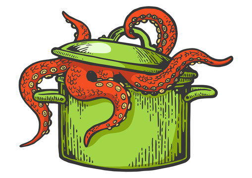 red octopus emerging from green cooking pot clip art preview
