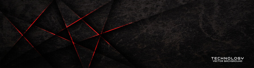 3D black rough grunge techno abstract background overlap layer on dark space with red lines decoration. Modern graphic design element cutout style concept for banner, flyer, card, or brochure cover