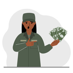 Military woman holds a lot of money in his hand. The concept of payment for military service or service in the army under a contract.