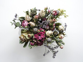 Beautiful bouquet of wilted flowers. Flowers arrangement view from above