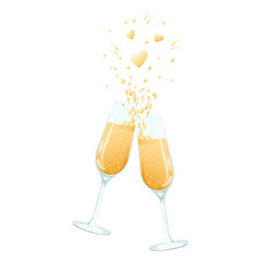 Glasses of champagne. Splashes in the shape of a heart. Valentine's day.