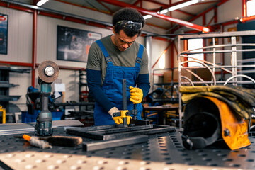 Fototapeta na wymiar A black man works in a metal workshop, uses a workbench to fix metal bars