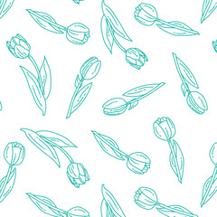 Fototapeta premium doodle seamless pattern with tulips on a white background with turquoise lines. Vector spring background for flower shop