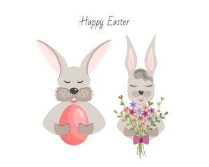 Easter bunny with egg vector illustrartion. Easter bunny with a bouquet of flowers. Easter card. 