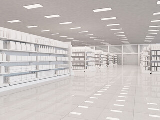 Interior of a supermarket with shelves that contains blank goods. products bottlles, boxes and packaging. 3d rendering illustration