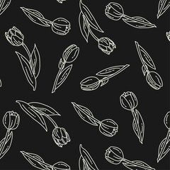 doodle seamless pattern with tulips on a black background with white lines. Vector spring background for flower shop
