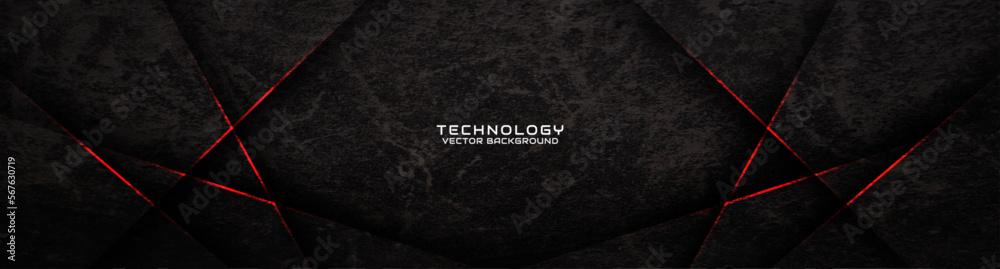 Wall mural 3d black rough grunge techno abstract background overlap layer on dark space with red lines decorati