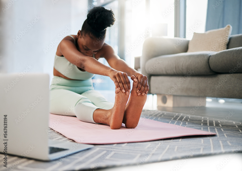 Poster Yoga, stretching and black woman in online class for fitness, pilates training and home learning on laptop. Meditation, workout and person in living room with computer video or webinar for balance