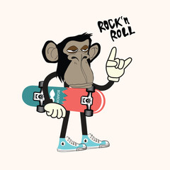 Cartoon skater monkey character illustration. Vector graphic for apparel prints, posters and other uses.