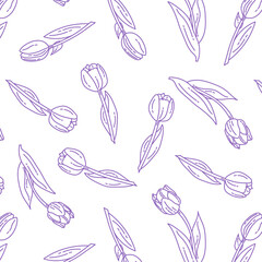 doodle seamless pattern with tulips on a white background with purple lines. Vector spring background for flower shop