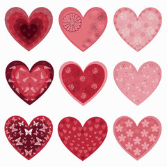 Set of red and pink hearts with romantic patterns. Vector EPS  illustration for stickers, creating patterns, wallpaper, 
wrapping paper, postcards, design template, fabric, clothing.
