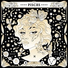 Pisces sign of the zodiac. Modern magical astrological map. Magical girl, stars, moon, constellation, hand-drawn signs. Vector illustration.