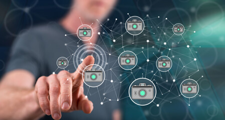 Man touching a photo sharing concept