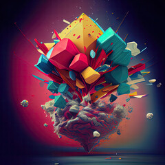 ai generated 3d render of a colorful multidimensional nuclear bomb explosion cubism