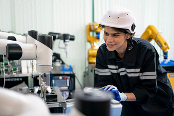 Quality control worker analyzing machine part in laboratory.