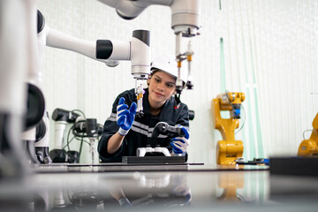 Quality control worker analyzing machine part in laboratory.