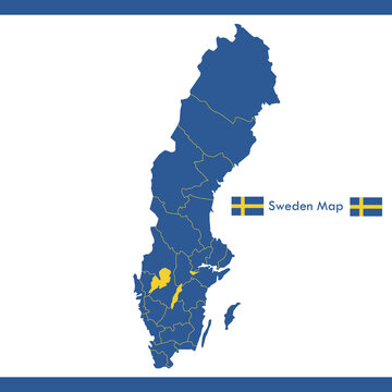 blue sweden map vector with separate cities and territories