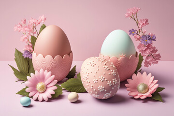 Obraz na płótnie Canvas Modern Easter Minimalism Egg and Flowers background. Generative AI