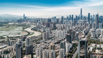 Aerial outdoor blue tone urban architectural landscape
