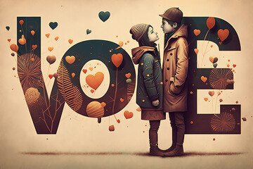 romantic couple of lovers on valentine's day with hearts and love typo in background - Love illustration - Postproducted generative AI digital illustration