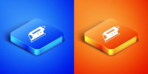 Isometric Electric iron icon isolated on blue and orange background. Steam iron. Square button. Vector