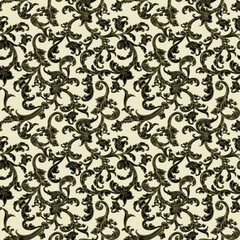 Baroque pattern with damask from plant swirls with spring small flowers on white background. Baroque scroll pattern. black baroque damask vintage pattern.