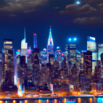 A cityscape of New York at night is a stunning and unique image that captures the essence of one of the world's most iconic cities. The photo showcases the skyline of New York generative ai